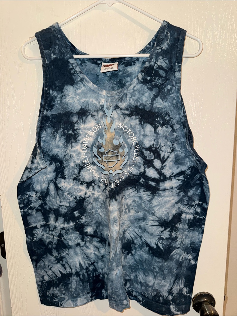 Harley-Davidson Navy and Light Blue Tie-Dye Tank Top with Flame Logo
